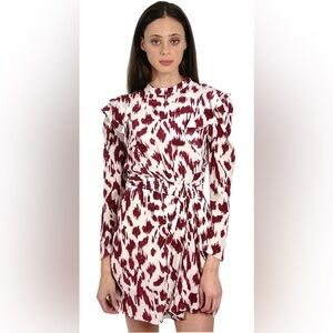 Isabel Marant Etoile‎ Silk Dress Off White Burgundy Ruffled Short L/S Size 44